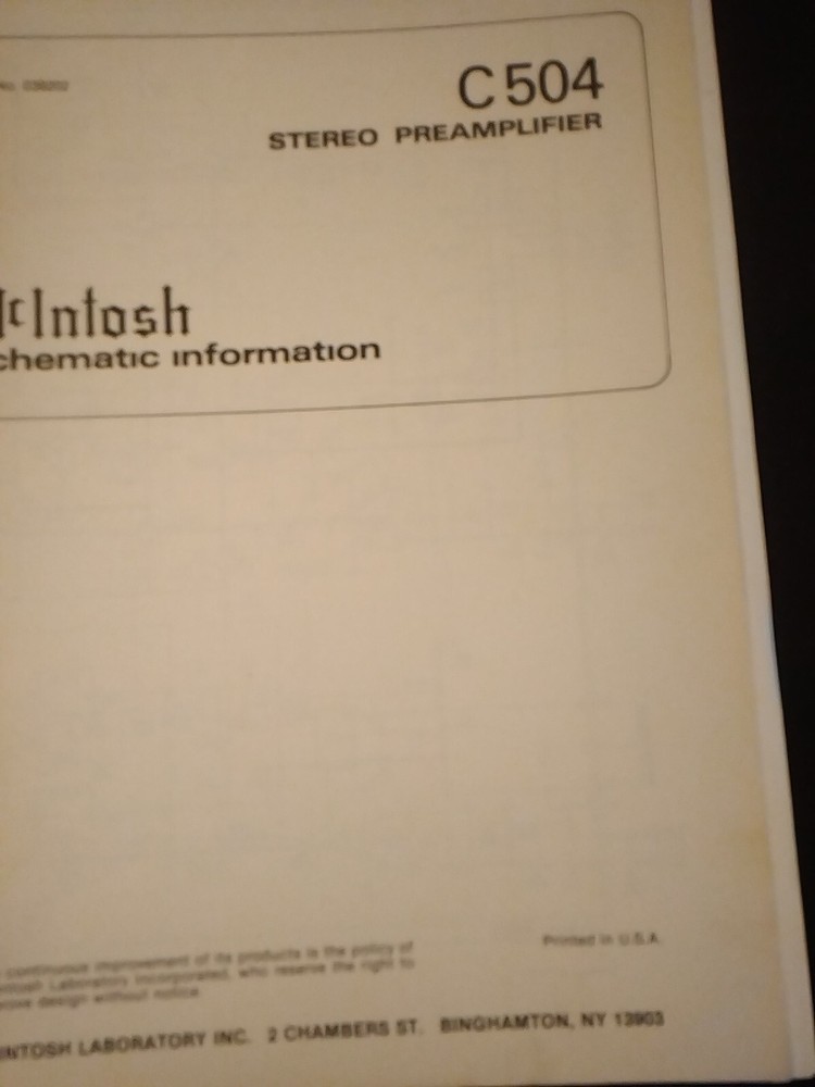 McIntosh C-504 Service Manual Schematic Information Preamplifier Photocopy