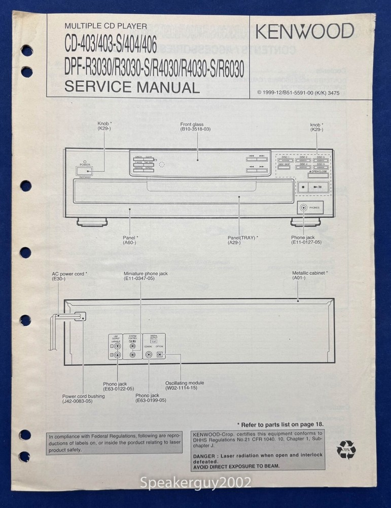 Original Kenwood CD-403 404 406 DPF-R3030 R4030 R6030 CD Player Service Manual