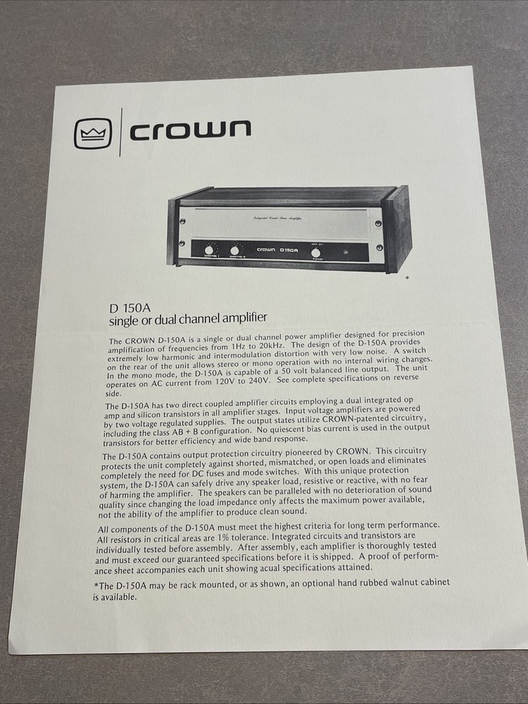 Original 1970 CROWN D 150 A Dual Single Channel Amplifier Advertising Spec Sheet