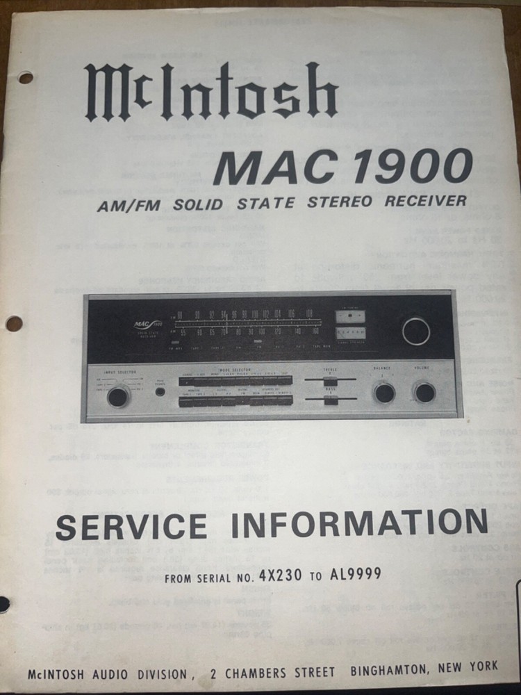 McIntosh MAC 1900 Service Manual Receiver Original 4X230 AL9999