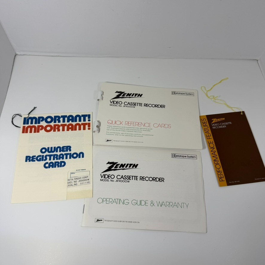Zenith JR9000W Betatape Quick Guide Manual Registrtion Card Features RARE