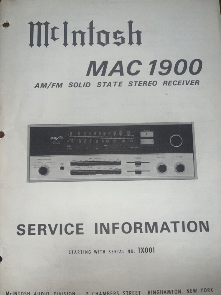 McIntosh MAC 1900 Service Manual Receiver Original 1X001