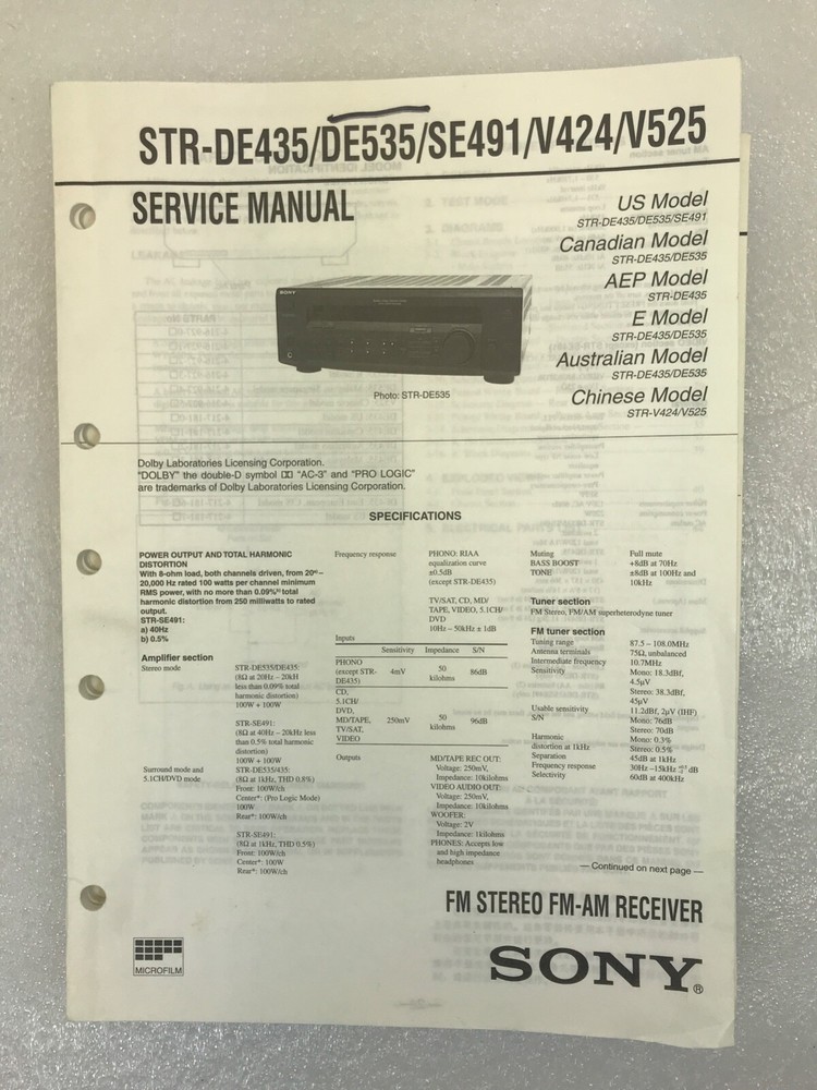 Sony STRDE435/535/SE491/V424/525 Original Service Manual FM Stereo/FMAM Receiver