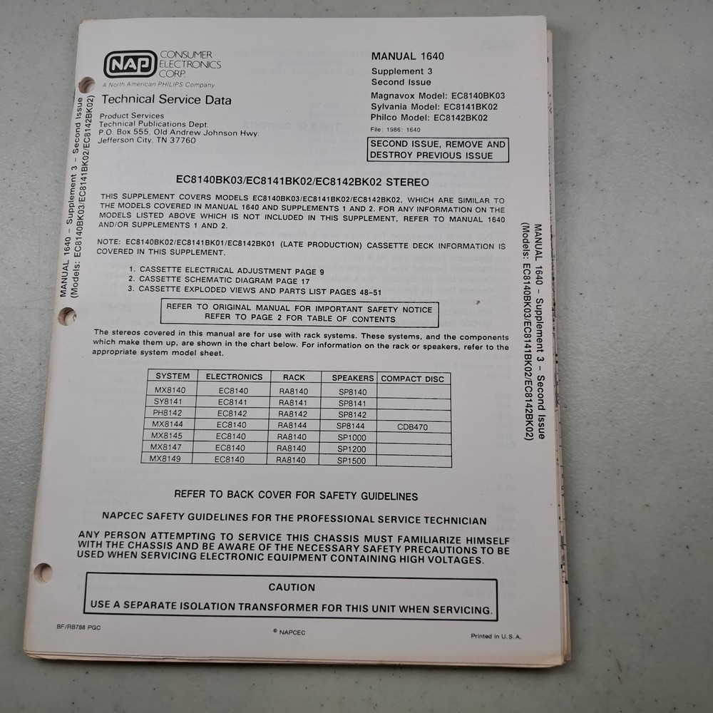 Magnavox Sylvania Philco EC8140BK03 Service Manual 1986 Supplement 3 Illustrated