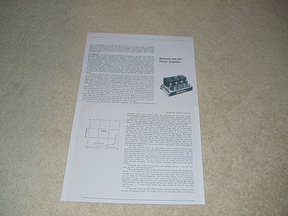 McIntosh MC240 Tube Amplifier Review, 2 pgs, 1961, RARE
