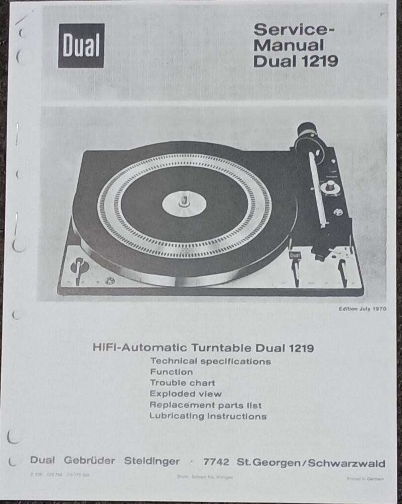 DUAL 1219 Turntable Service Manual Photocopy