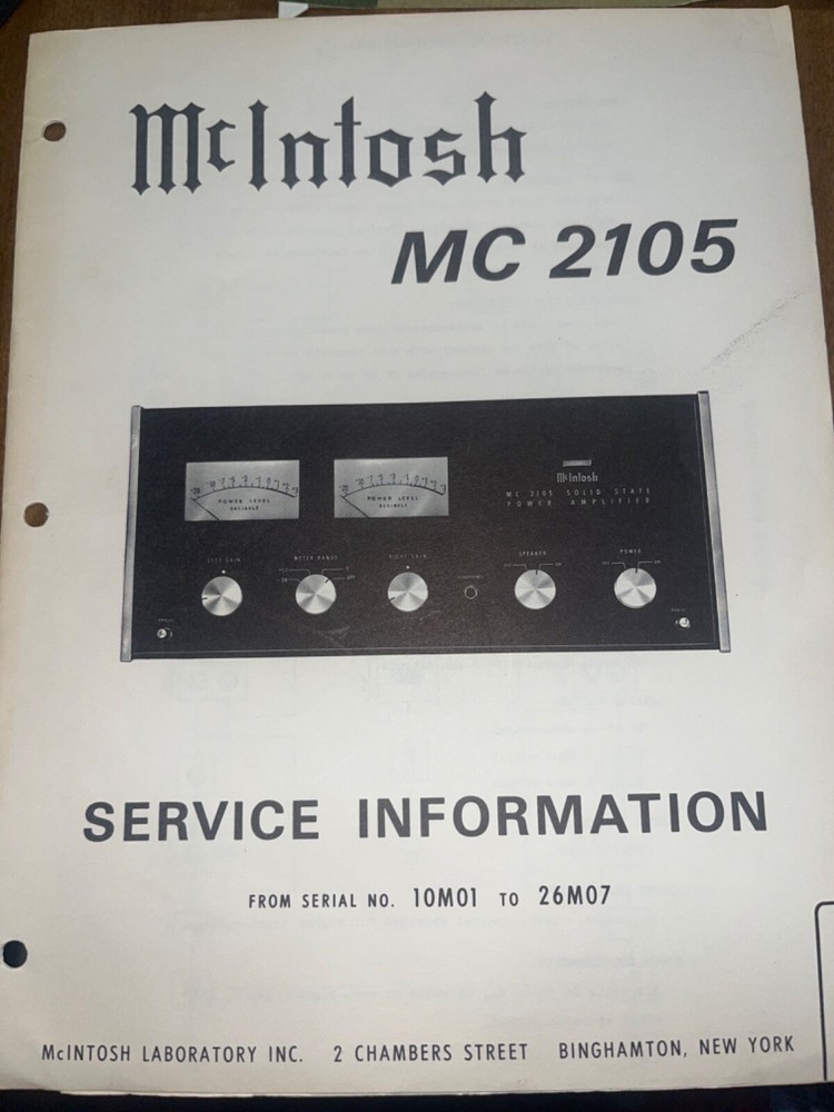 McIntosh MC-2105 Service Manual Pre-Amplifier Original 10M01 26M07