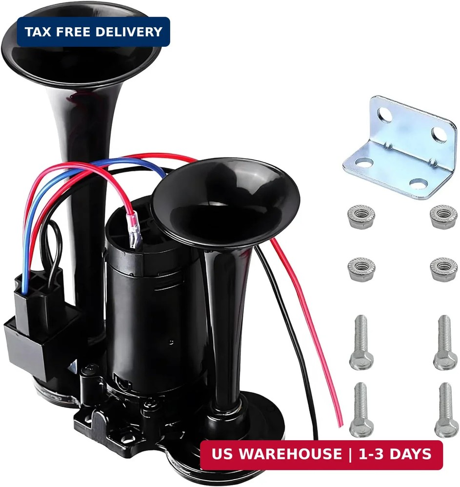 12V Car Air Horn, 120 DB Super Loud Dual Trumpets Electric Train Horn Kit with C