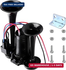 12V Car Air Horn, 120 DB Super Loud Dual Trumpets Electric Train Horn Kit with C