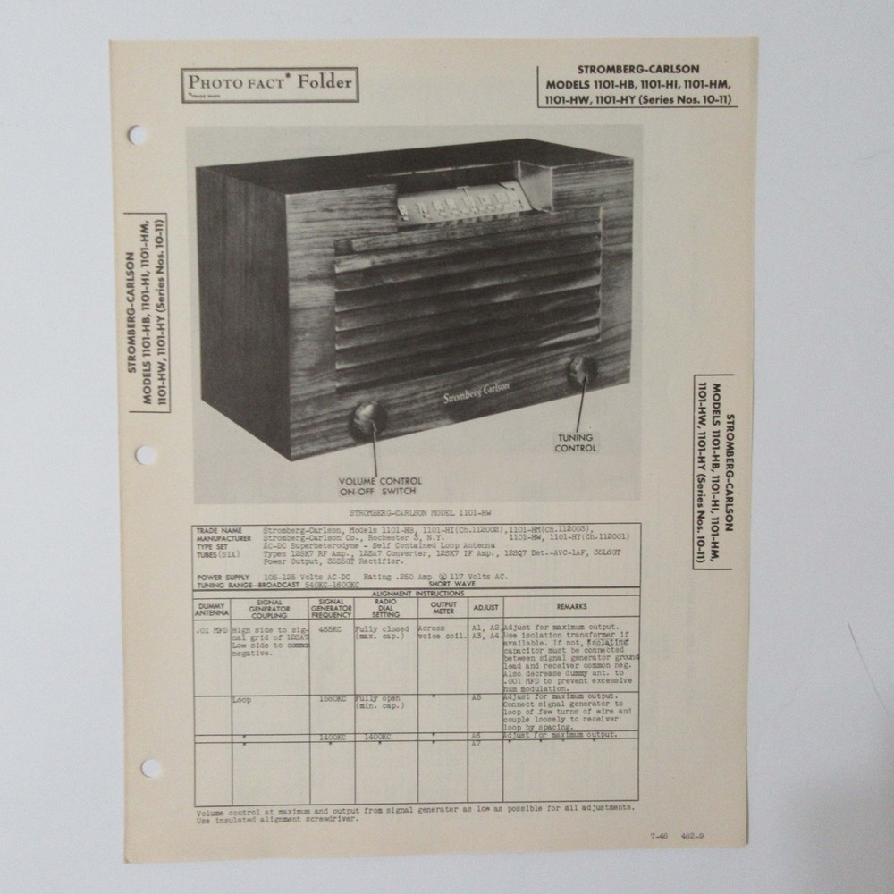Stromberg Carlson Models 1101-HB -H1 -HM -HW -HY AM Radio SAMS Photofact ™ 1946