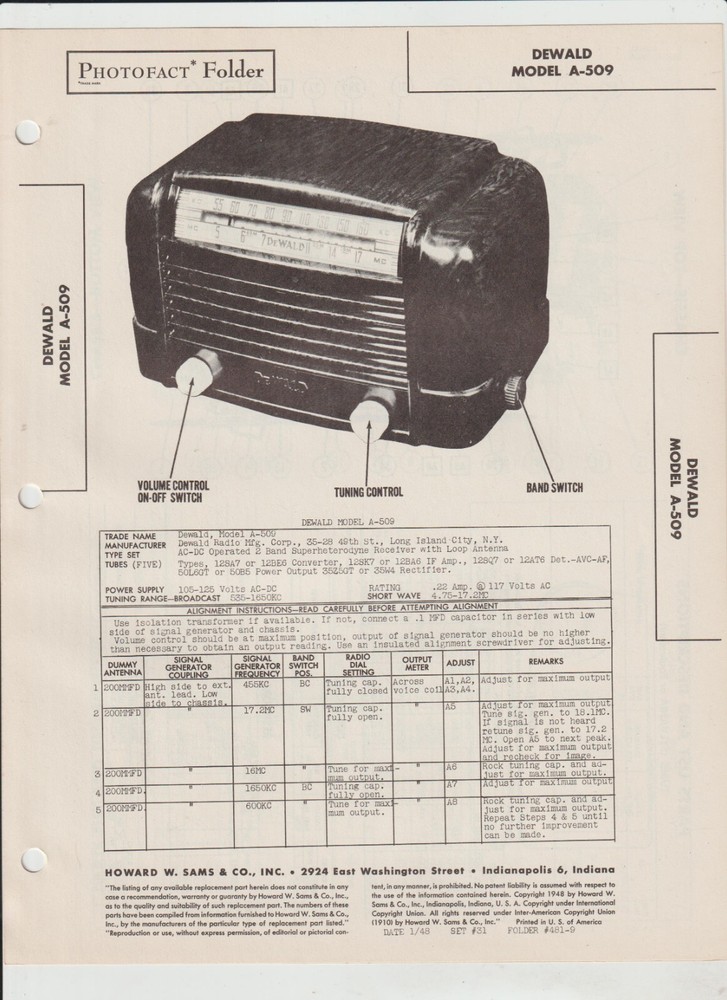 1948 DEWALD Model A-509 AM/FM RADIO Service Manual SAMS Photofact A4