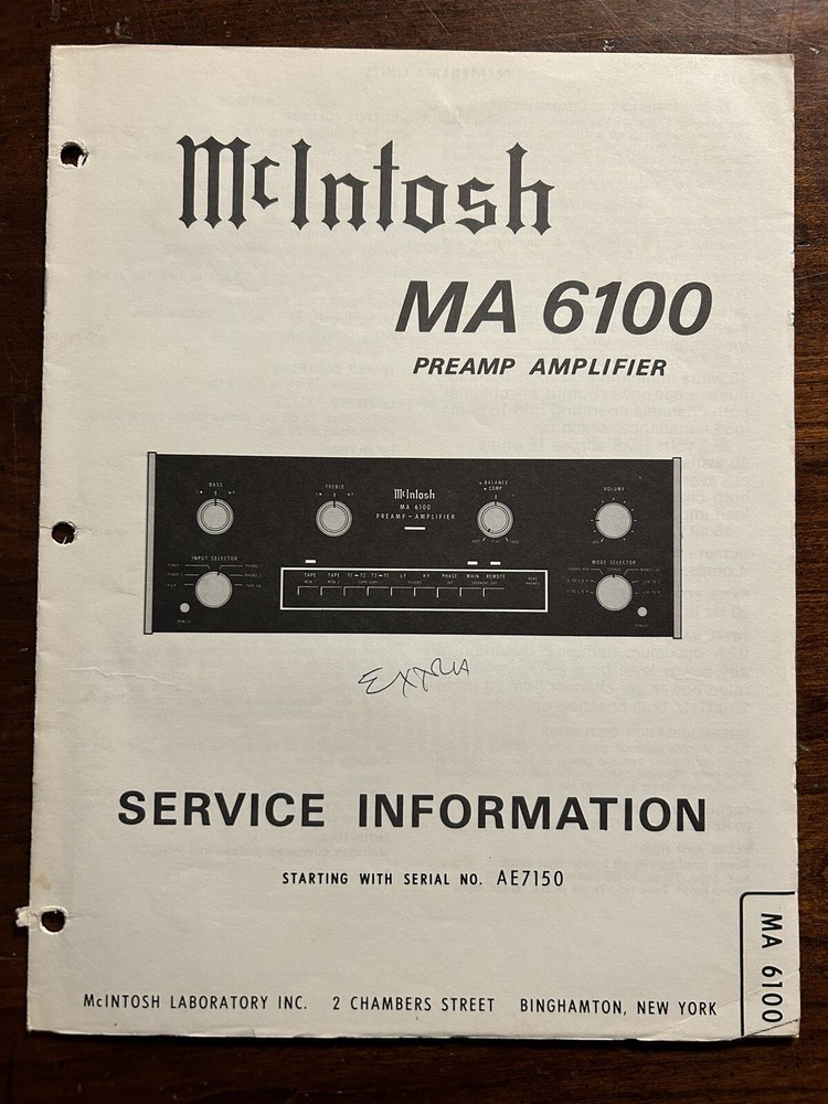 McIntosh MA6100 Preamp Amplifier Amp Service Information Manual Original AE7150