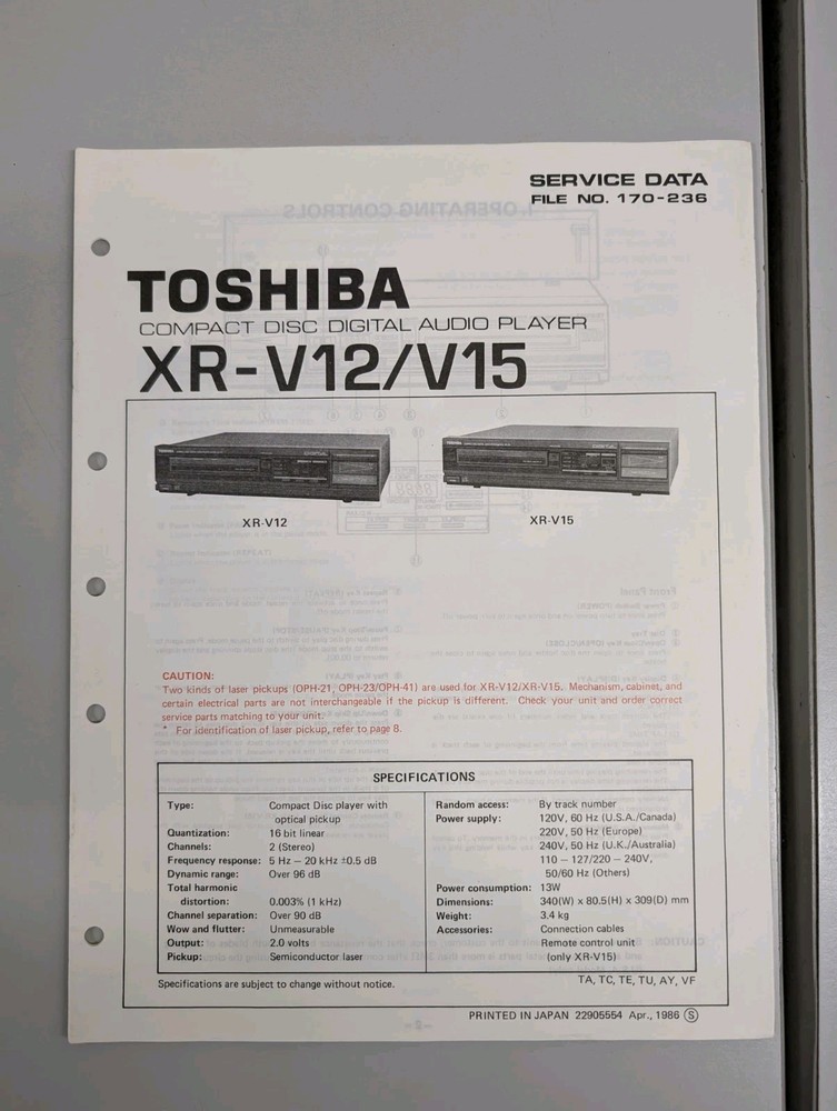 Toshiba XR-v12/V15 Compact Disc Digital Audio Player Service Data D-5484