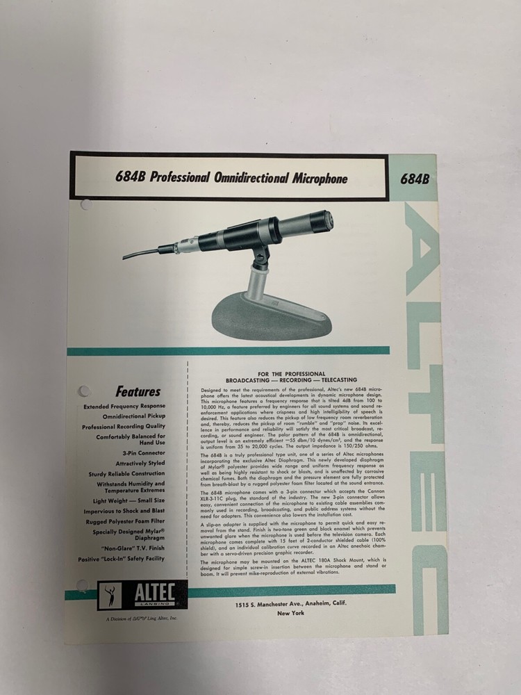 Original Vtg Altec 684B Professional Omnidirectional Microphone Spec Sheet (A3)