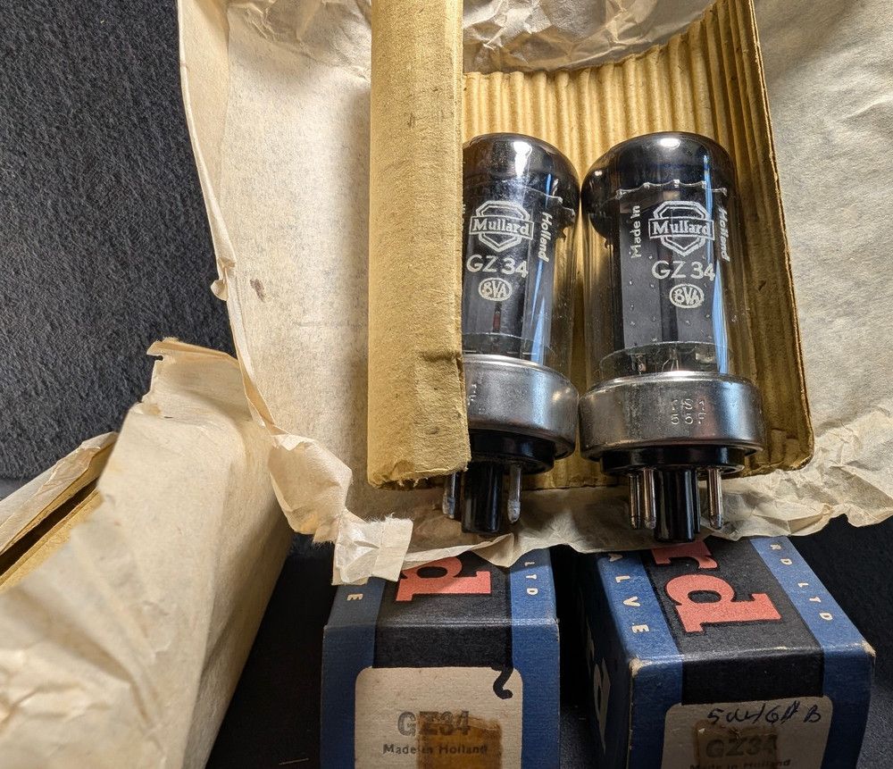 Pair NEW Matched Sealed 1955 Mullard GZ34 Metal Base Vacuum Tubes No Leak 5AR4