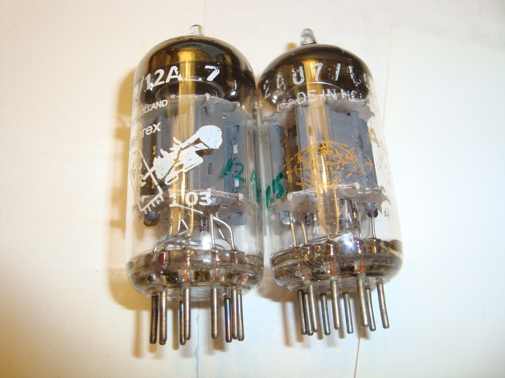 Pair of 12AU7 tubes, By Philips of Holland, Branded Bugle Boy & Orange Global