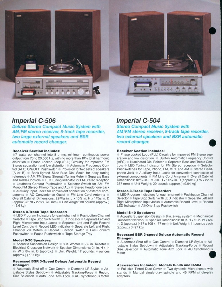 1970 Imperial C-504 C-506 C-508 Stereo HiFi 8Track Cassette Audio Brochure