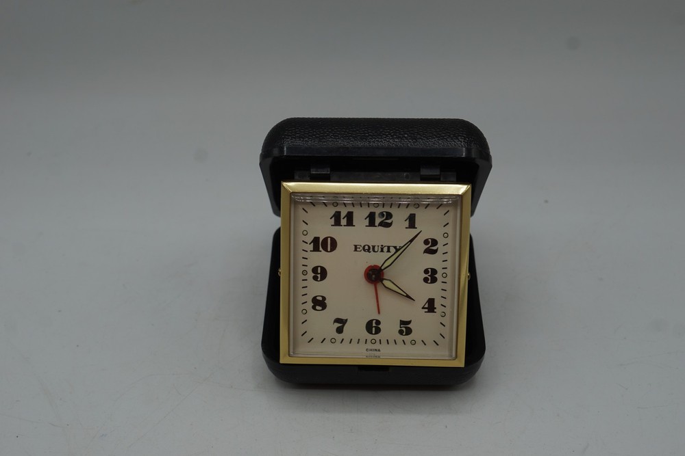 Vintage EQUITY Travel Alarm Clock Gold Tone Folding Case Made in China