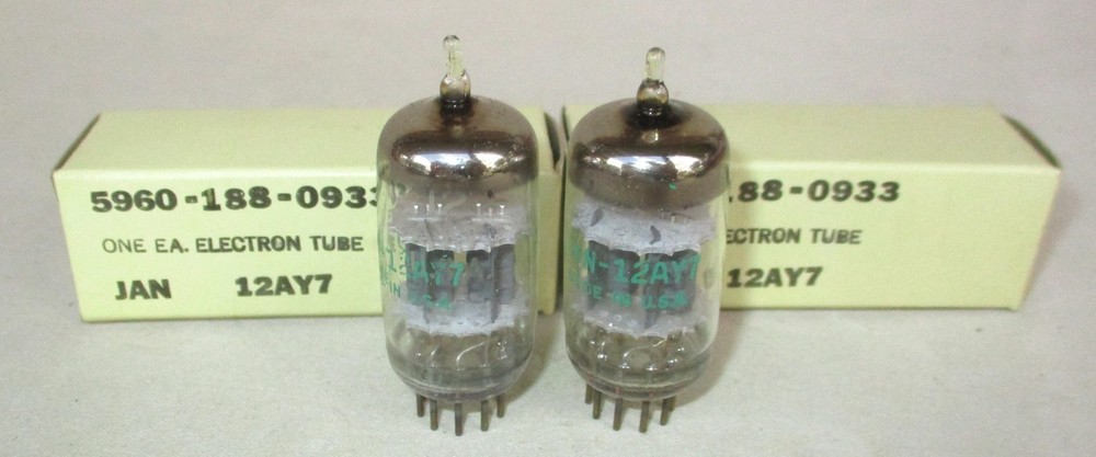 GE JAN 12AY7 Tubes Double Mica Short Gray Ribbed Plate Round Getter NOS Pair