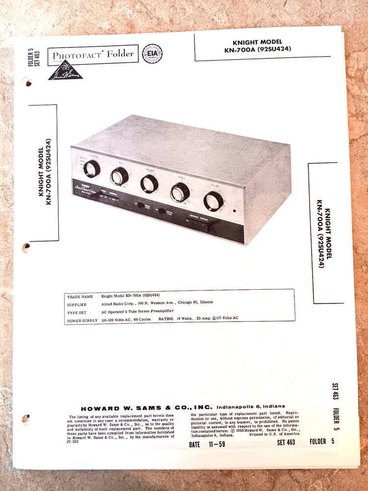 KNIGHT KN-700A STEREO Amplifier – Schematic & Data  – SAMS PHOTOFACTS 463-5