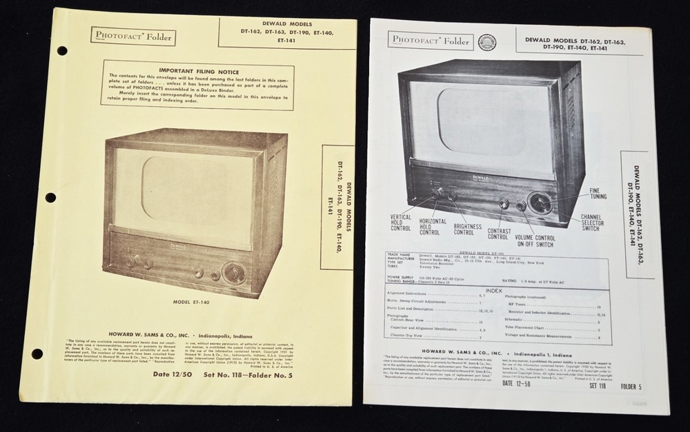 Dewald DT-162, DT-163, DT-190 Howard Sams 1950 Radio Photofact Set 118 Folder 5