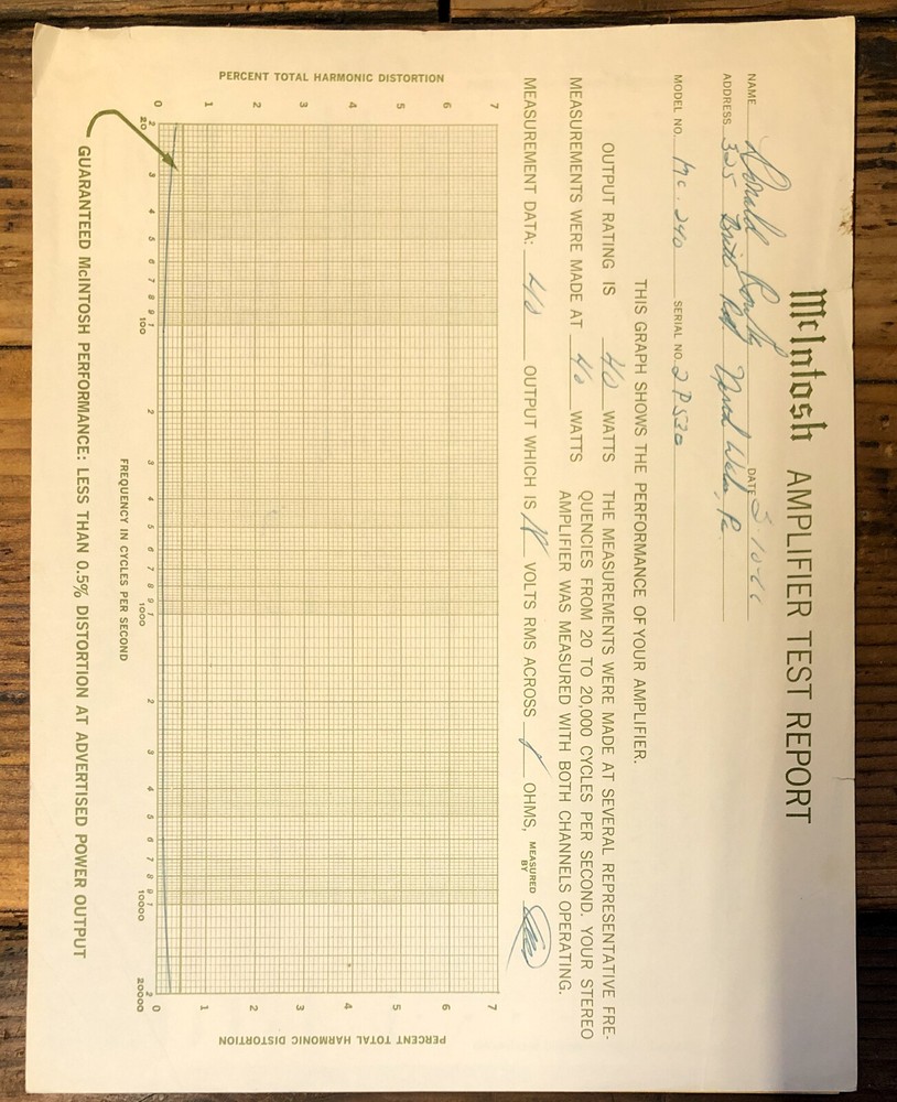 McIntosh Amplifier Test Report Sheet / Results MC-240 *Original*