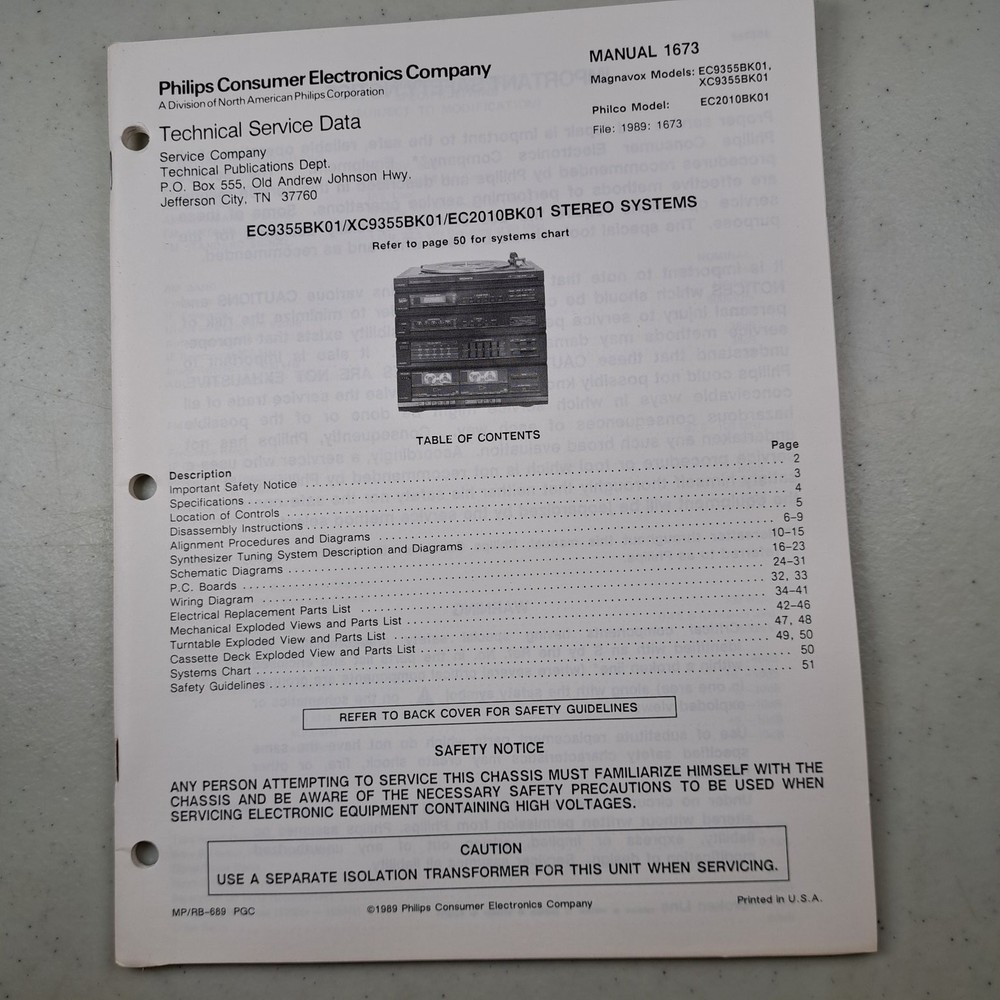 Magnavox Philco Manual 1673 Stereo Systems 1989 Technical Service Illustrated
