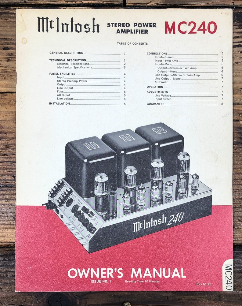 McIntosh MC-240 MC240 Amplifier Issue #1 Owners / User Manual *Original*