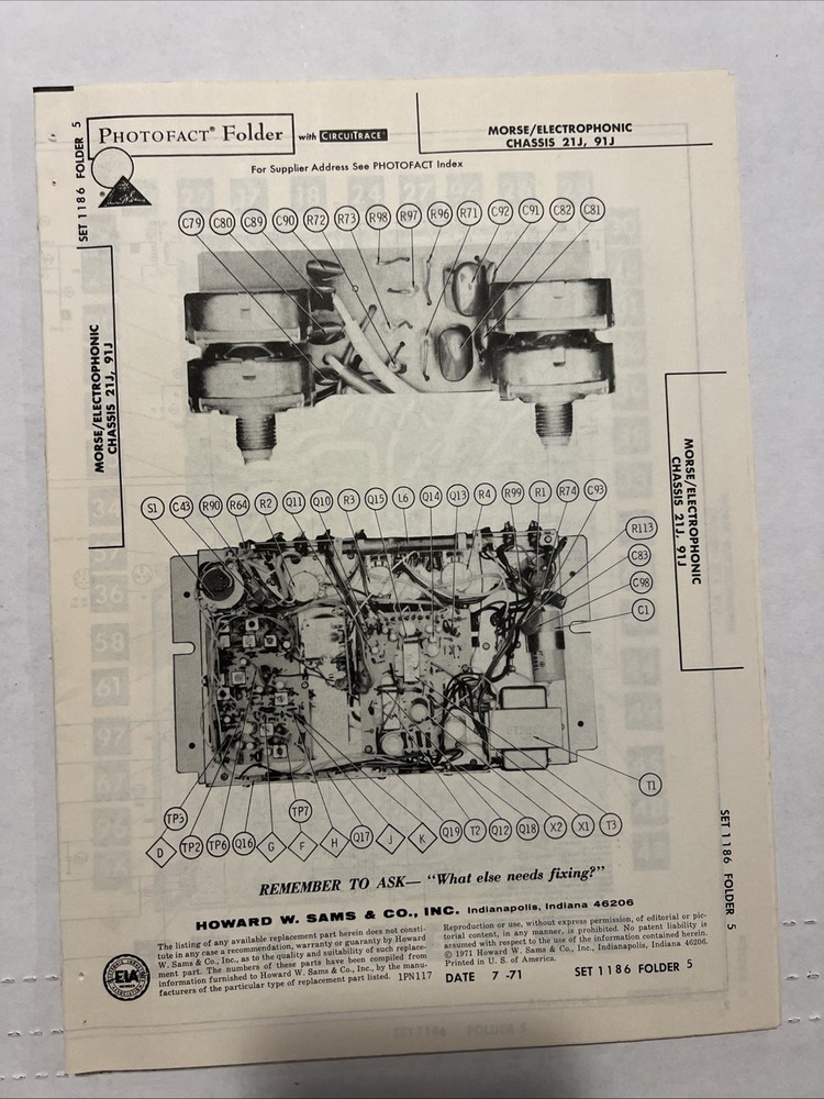 Vintage Sams Photofact Schematic 7-1971 MORSE / ELECTROPHONIC CHASSIS 21J, 91J