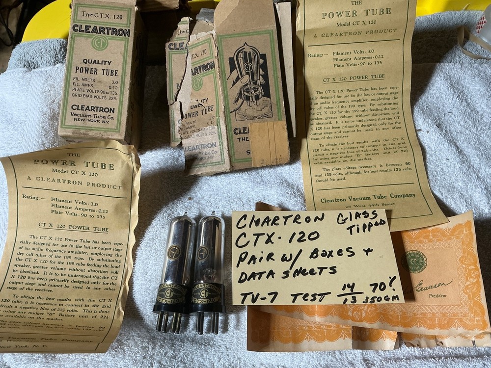 ANTIQUE Type 20 Vacuum Tubes CLEARTRON CTX-120 UX-120 TV-7 TESTED 70% Glass Tip