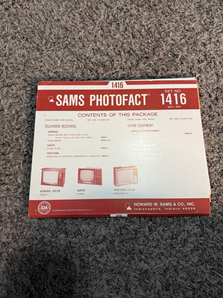 Sams Photofact Set 1416 July 1974 Admiral Sanyo Truetone Color TV + Morse T-4210