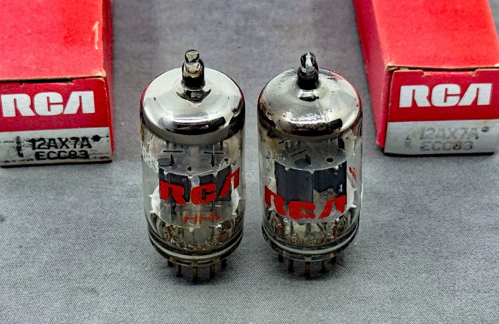 NOS Pair RCA 12AX7A ECC83 Made in Japan Short Gray Plates Tests NOS Amplitrex