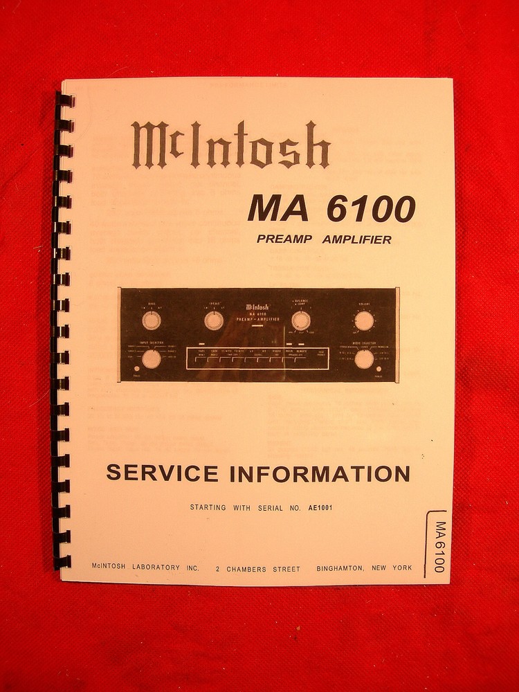ONE BRAND NEW COPY OF MCINTOSH MA 6100 STEREO PREAMP-AMPLIFIER SERVICE MANUAL