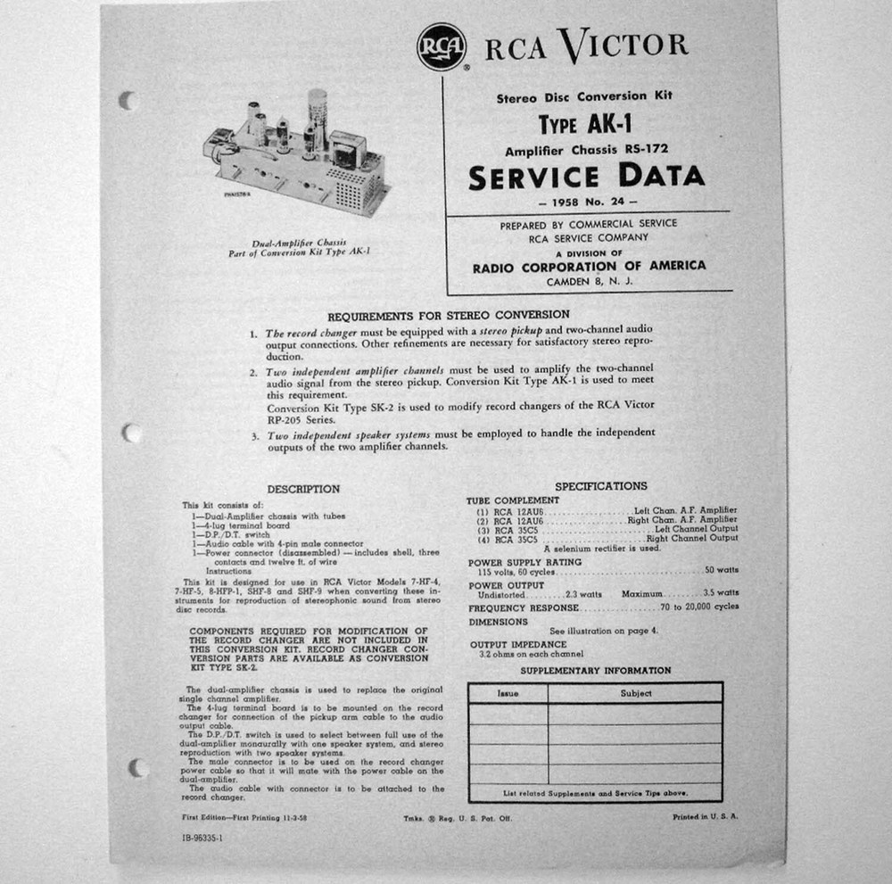RCA ® Model AK-1 Stereo Disc Conversion Kit Service Manual © 1958