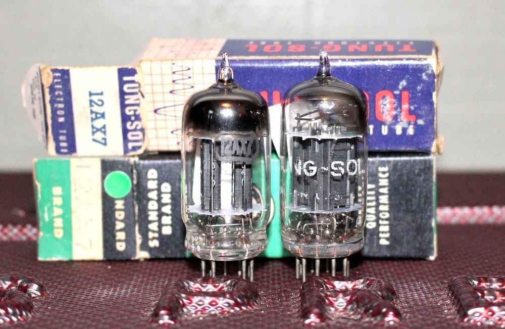 TUNG SOL USA 12AX7 ECC83 PERFECT MATCH PAIR RARE BLK PLT NOS+ NIB 1940’S