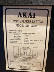 Akai 3-Way Speaker System Model SR-LA201 Max 110 Watts 8 Ohms Made In USA Work!!