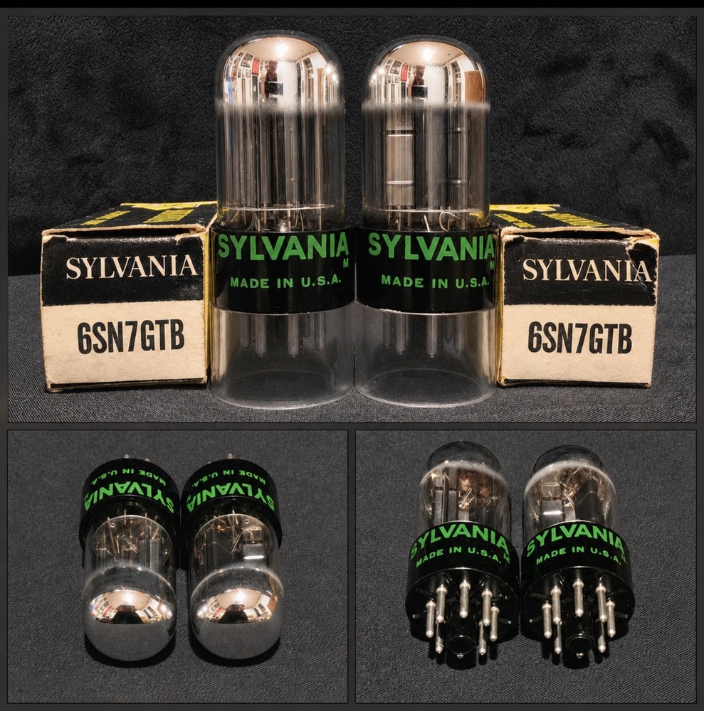 SYLVANIA 6SN7 GTB 1968 GREEN LABEL BLACK BASE CHROME TOPPED FOIL MATCHED SET NIB