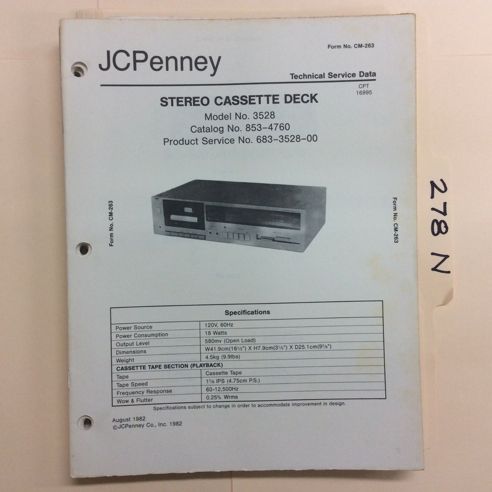 JC Penney 3528 Service Manual Original Repair Book Stereo Tape Player