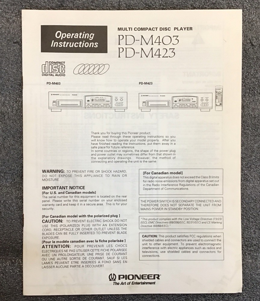 Pioneer MultiCompact Disc Player PD M403,M423 Operating Instructions Manual
