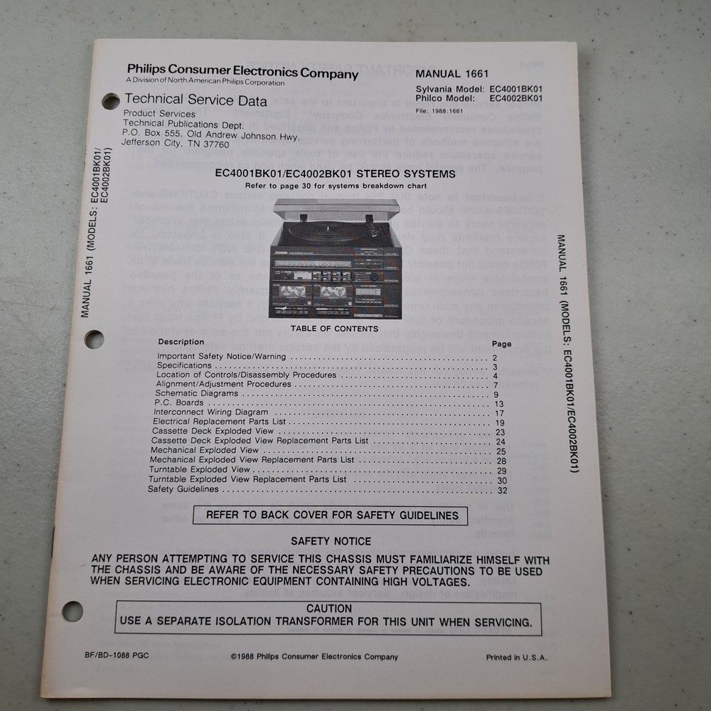 Sylvania Philco Manual EC4001BK01 EC4002BK01 Stereo System 1988 Illustrated