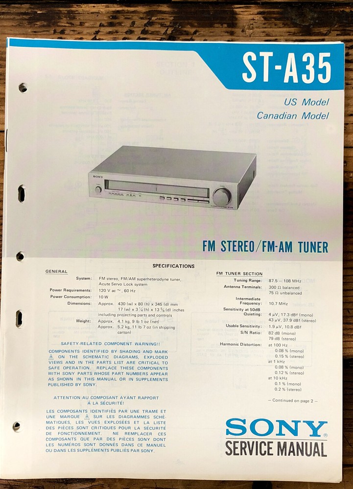 Sony ST-A35 Tuner Service Manual *Original*