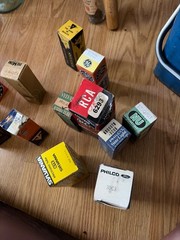 18 radio tubes for sale open box some nsos philco,rca, ge. some are tv???