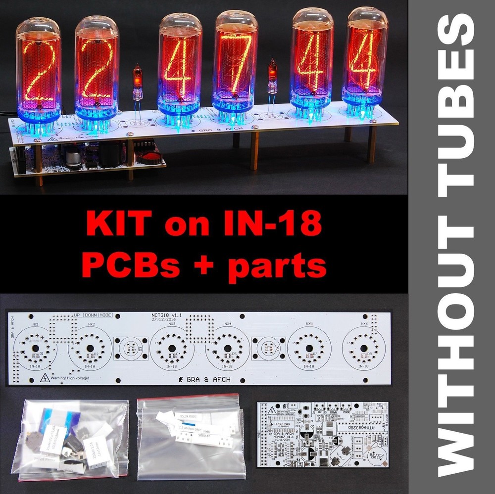 Nixie Tube Clock KIT DIY IN-18 PCB+All Parts Arduino comp. 12/24H WITHOUT TUBES