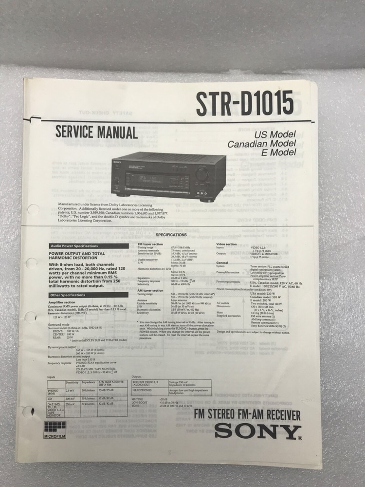 Sony STR-D1015 Original Service Manual Repair FM Stereo/FM-AM Receiver 1994