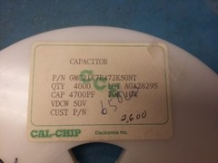 Reel of GMC21X7R472K50NT, Cap Ceramic 4700pf 50V SMT 10% (Locate E1)