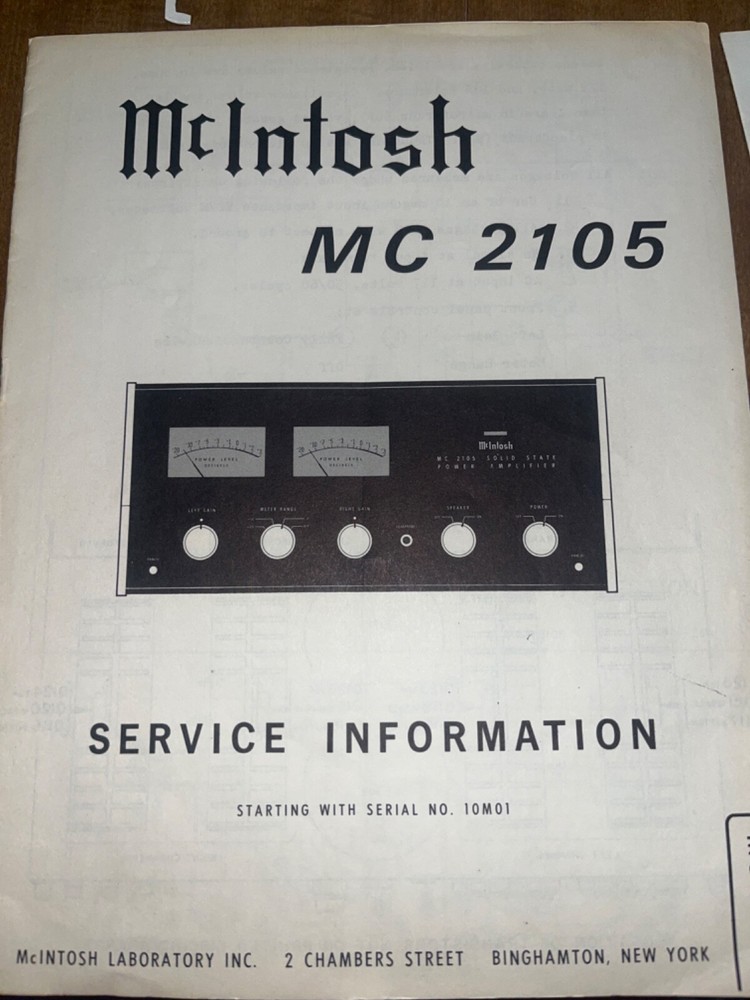 McIntosh MC-2105 Service Manual Pre-Amplifier Original Serial 10M01