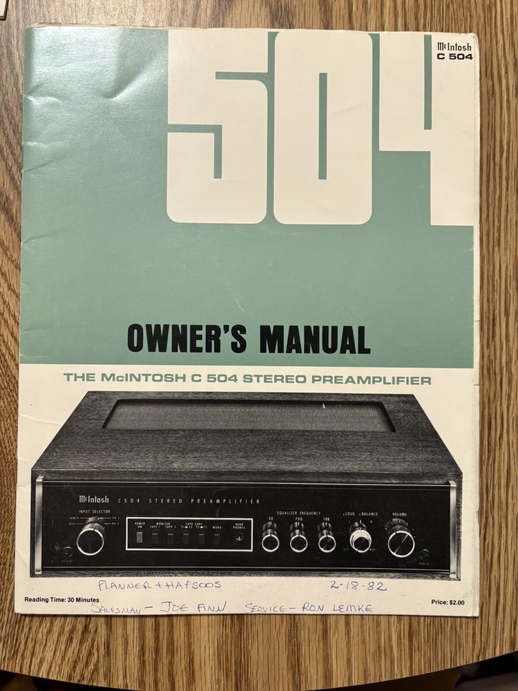 Original McIntosh C504 Stereo Preamplifier Manual Writing