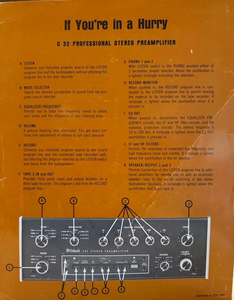 MCINTOSH C32 PREAMPLIFIER SETUP DIRECTIONS QUICK GUIDE “If You’re In A Hurry”