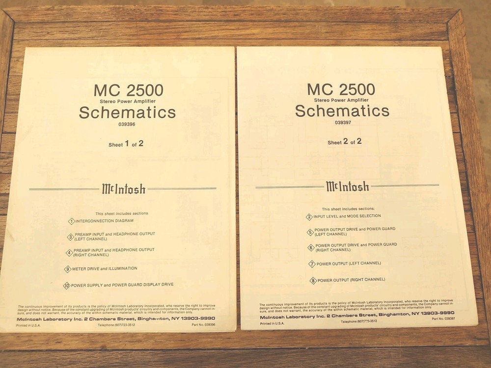 McIntosh MC 2500 Stereo Power Amplifier Schematics / Sheet 1 & 2 / Originals