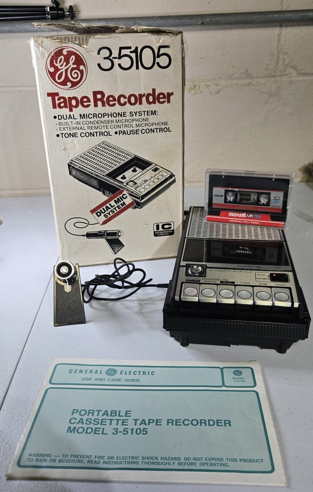 Vintage GE 3-5105 Tape Recorder w/dual Mic system both mics work super clean!